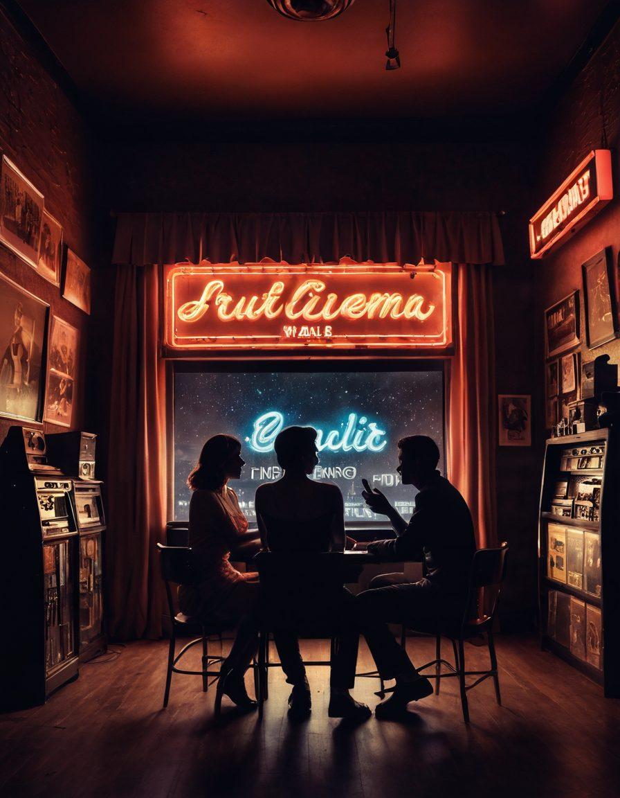 An artistic representation of a vintage cinema with classic film reels and a soft, dim ambiance. In the foreground, a silhouette of a couple sharing an intimate moment, surrounded by film posters of iconic erotic films. A glowing neon sign reading 'Adult Cinema' hangs above, inviting viewers into the world of adult films. The atmosphere should evoke a sense of nostalgia and allure. vibrant colors. retro style. soft focus.