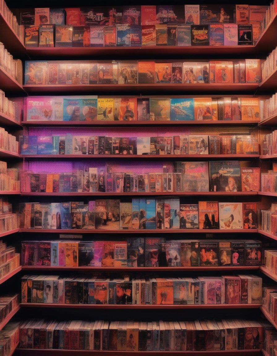 A collage of DVD covers featuring iconic adult film titles, arranged artistically against a backdrop of a vintage rental store with neon lights. Include a figure browsing the shelves, showcasing the diverse genres available. Soft focus highlights on some covers to evoke nostalgia, while the overall ambiance has an inviting warmth. super-realistic. vibrant colors. retro aesthetic.