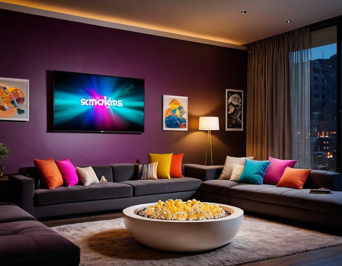 A seductive ambiance featuring a modern living room with a large screen displaying colorful streaming platforms' logos. Soft, ambient lighting with plush cushions and a bowl of popcorn on a stylish coffee table. Include hints of sensual art on the walls, like abstract nudes. The overall atmosphere should feel intimate and inviting, suggesting relaxation and enjoyment. super-realistic. vibrant colors. cozy interior.